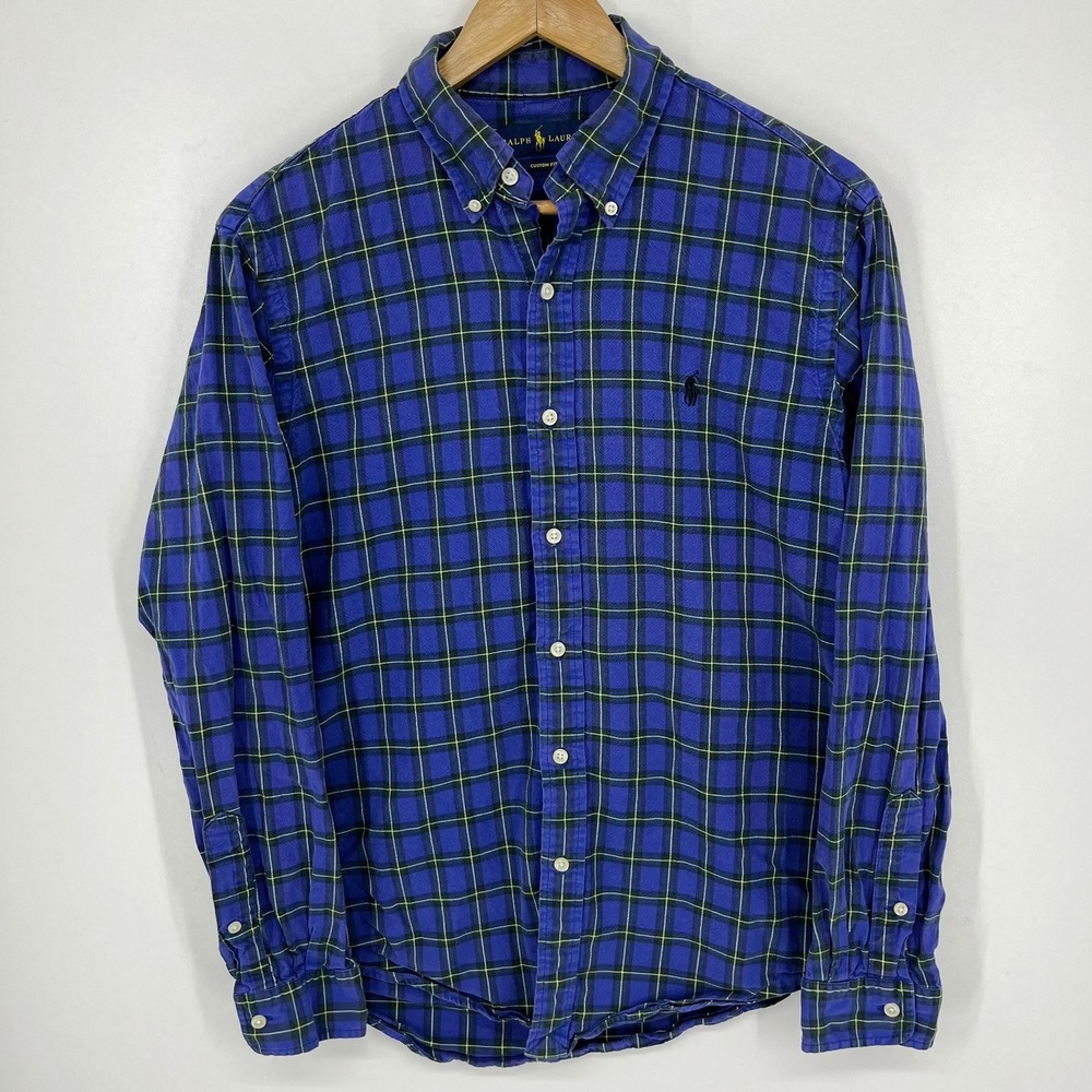 Ralph Lauren Mens Custom‎ Fit Plaid Button Down Shirt Blue Green Yellow Size M